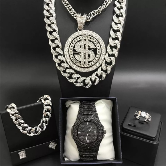Silver necklace dollar sign bracelet earring set